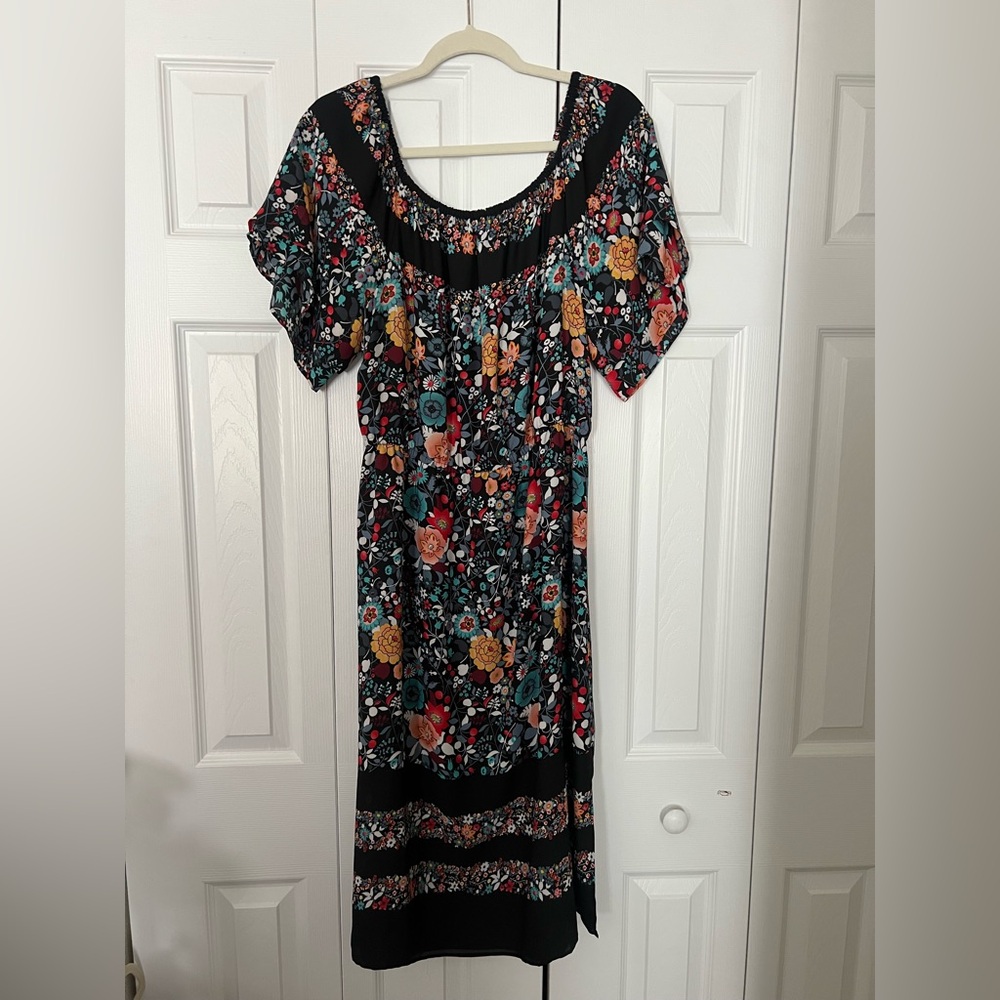 LOFT Black Floral Midi Dress, Size Large, can be worn on or off shoulder